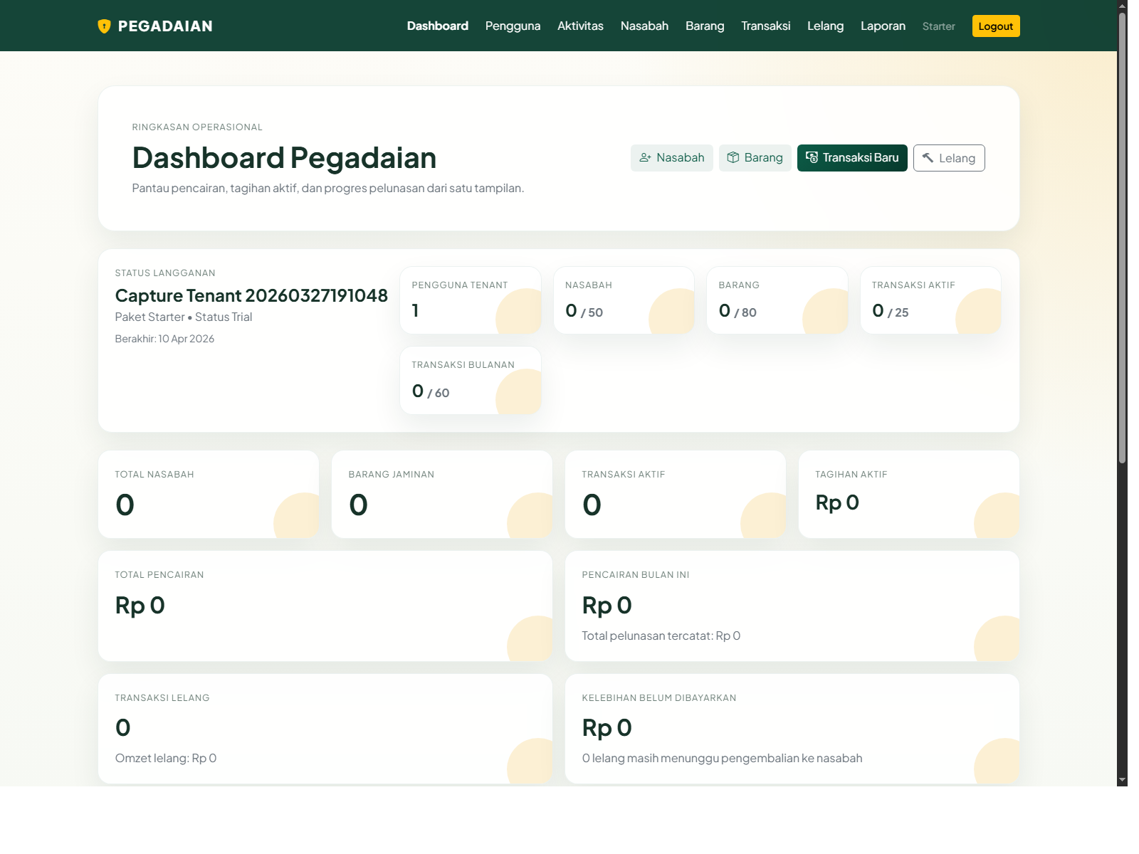 Screenshot asli halaman dashboard aplikasi pegadaian